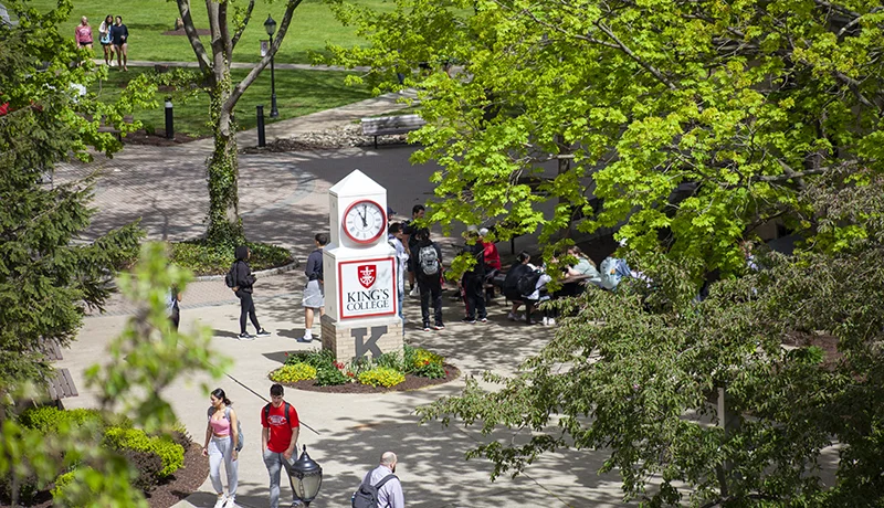 aerial view of students through campus